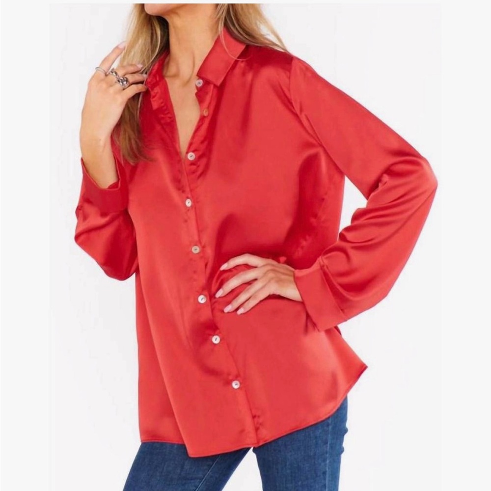 Show Me Your MuMu Smith Button Down Shirt in Red Luxe Satin